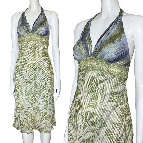 Vintage Dresses & Skirts - Vintage Y2K 100% Silk Funky Green Halter Dress Sequins. XS Fairy Grunge Festival